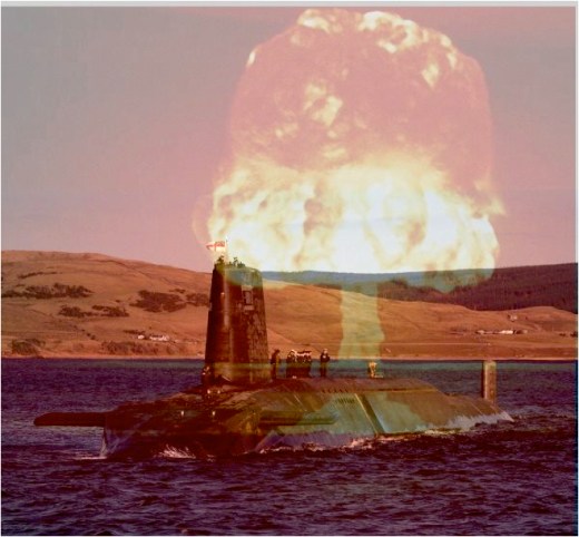 Submarine in the Clyde with nuclear explosion superimposed