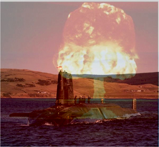 Submarine in the Clyde with nuclear explosion superimposed